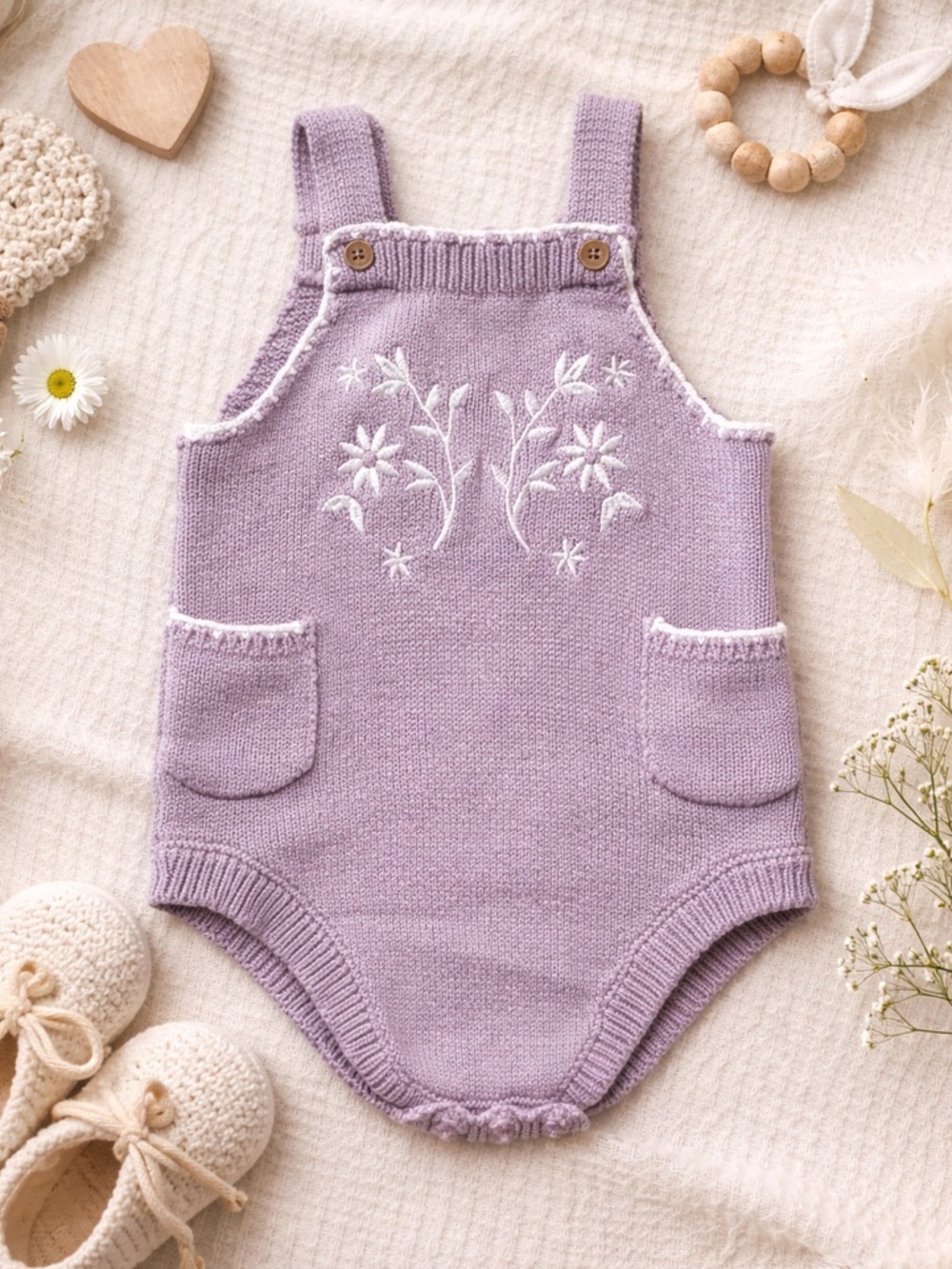 Nicole Miller | Baby Knit Romper | Floral Embroidered | Cottagecore | 6–9M